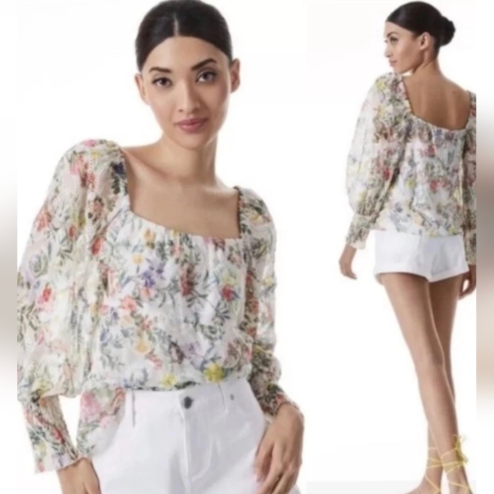 Alice + Olivia Rowa Floral Eyelet Square Neck Puff Sleeve Top Size L